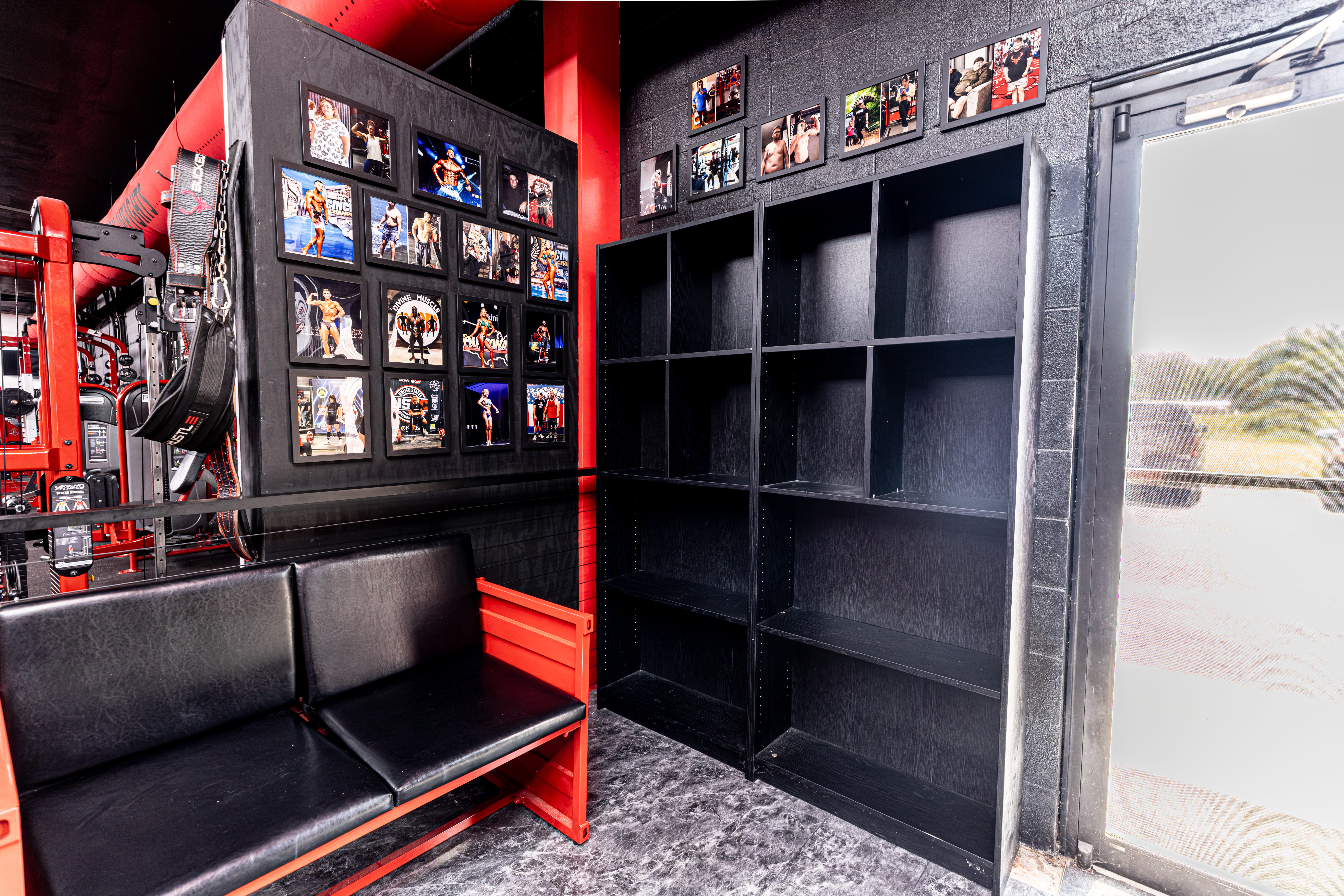 Wall of fame/cubbies for member storage.