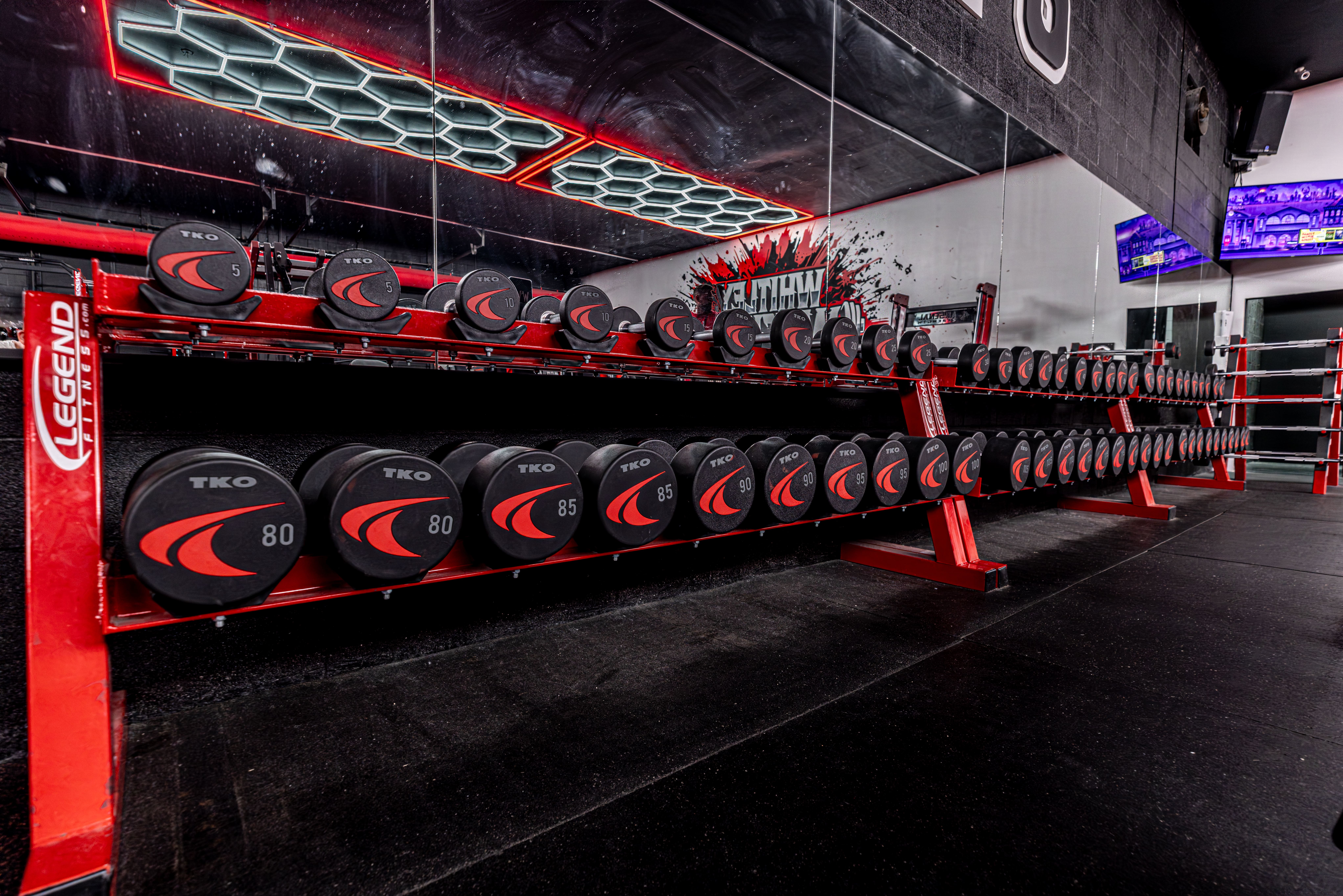 Dumbbells ranging in weight from 5lbs-150lbs.
