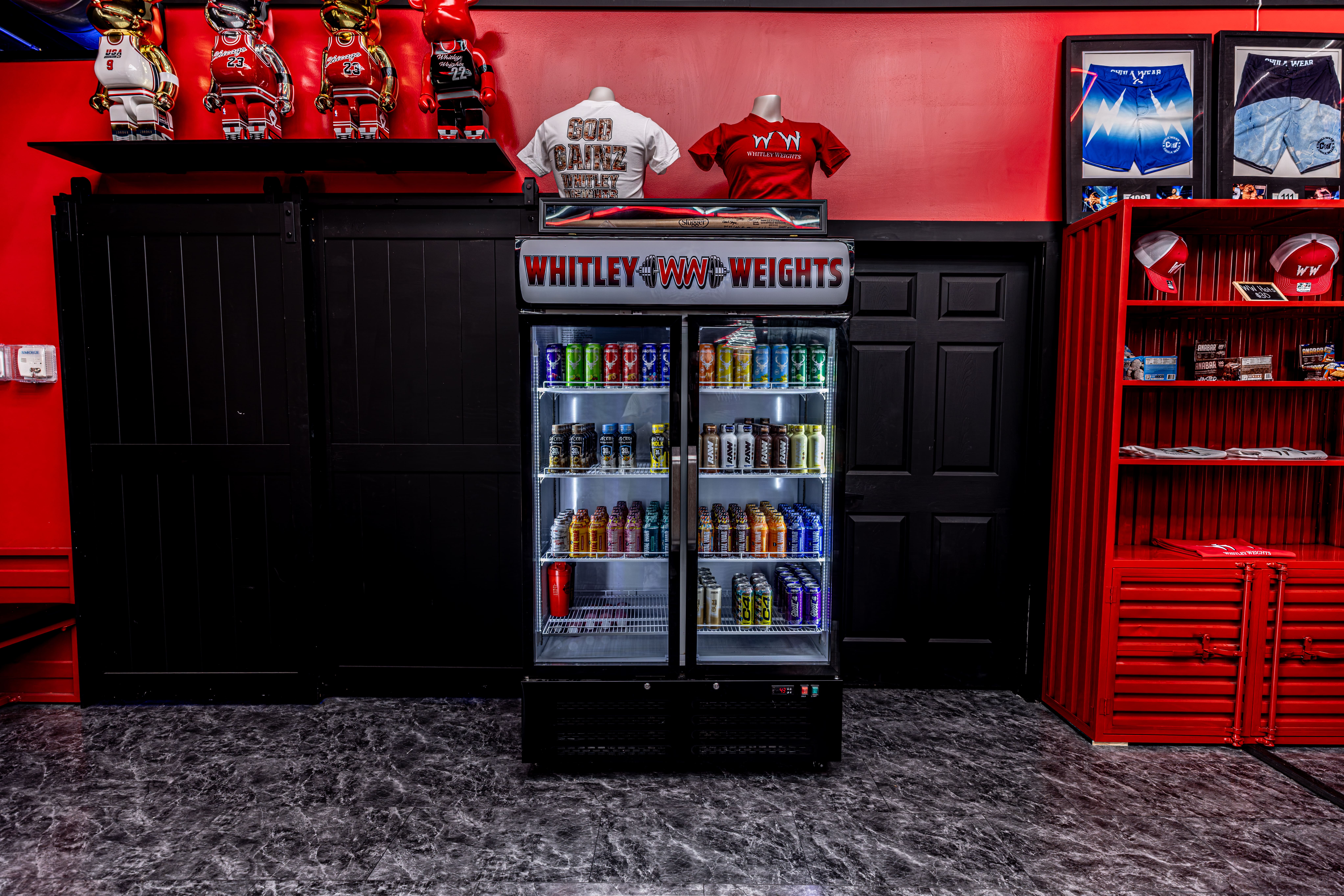Refrigerator stocked with a wide variety of protein, energy and ready to drink pre-workout.
