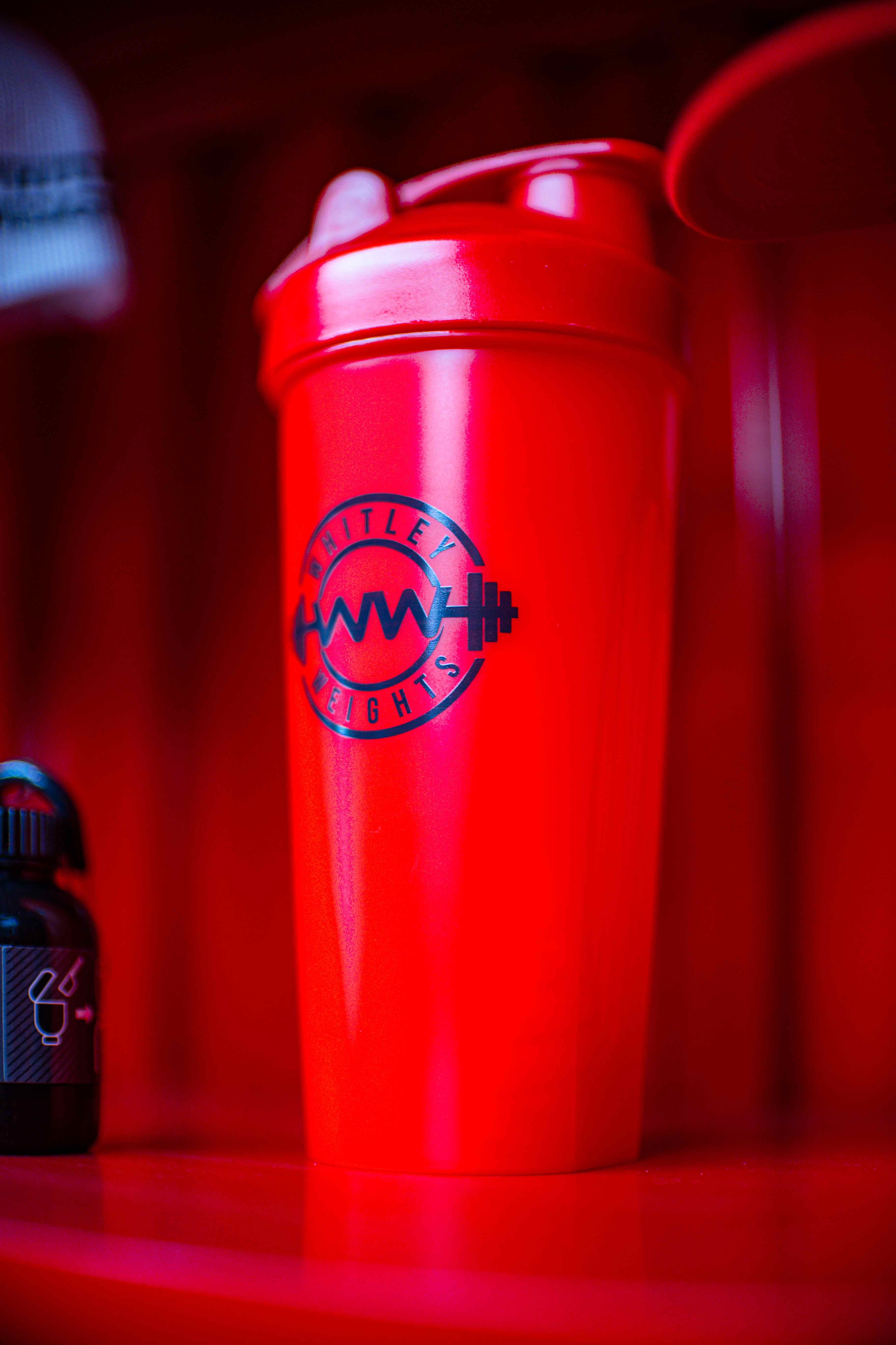 Red Whitley Weights shaker bottle